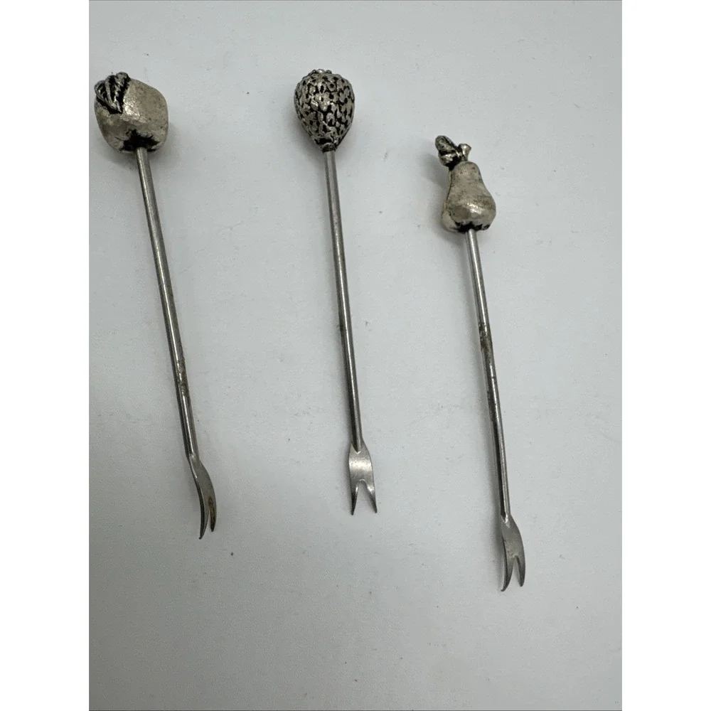 Vintage Pewter Olive Fruit Cocktail (5) Fork Apples Pears Grapes Set
